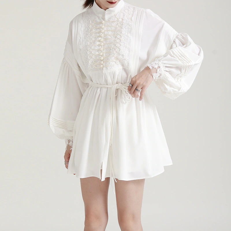 小柄 ミニワンピ フリル袖 刺繍襟  小柄 ロング袖 体型カバー チュニック レディース ミニワンピース30%までに制限