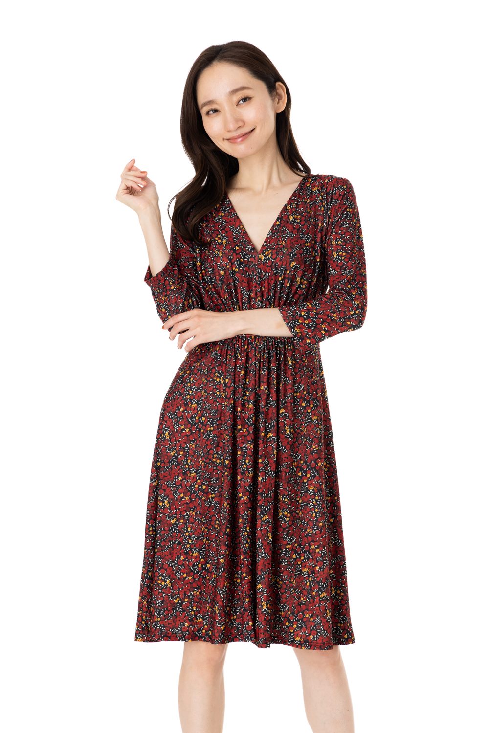 エジェリ(EGERIE)ワンピース T1 T2 T3サイズ 七分袖 膝丈ワンピース ドット柄 Vネック ジャージー素材 レディース ブラウン