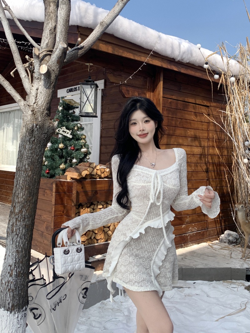 女性の冬のインナースカート用にデザインされた長袖レース巾着ドレスI49