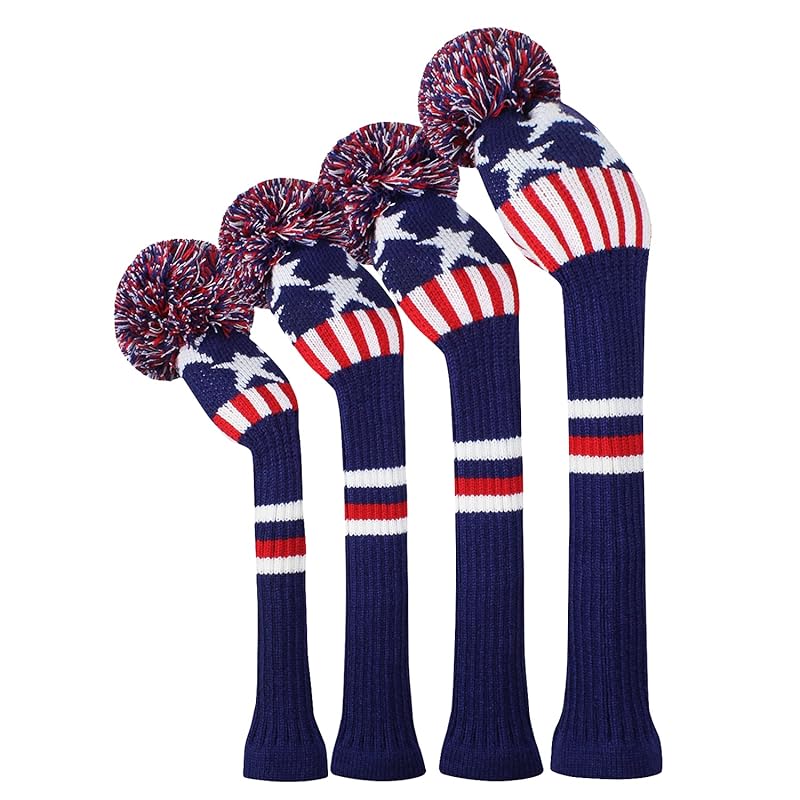 濃い色明るい色のゴルフのニットヘッドカバー 4枚セット ドライバーフェアウェイウッドとハイブリッドut (Blue Star and Stripe)