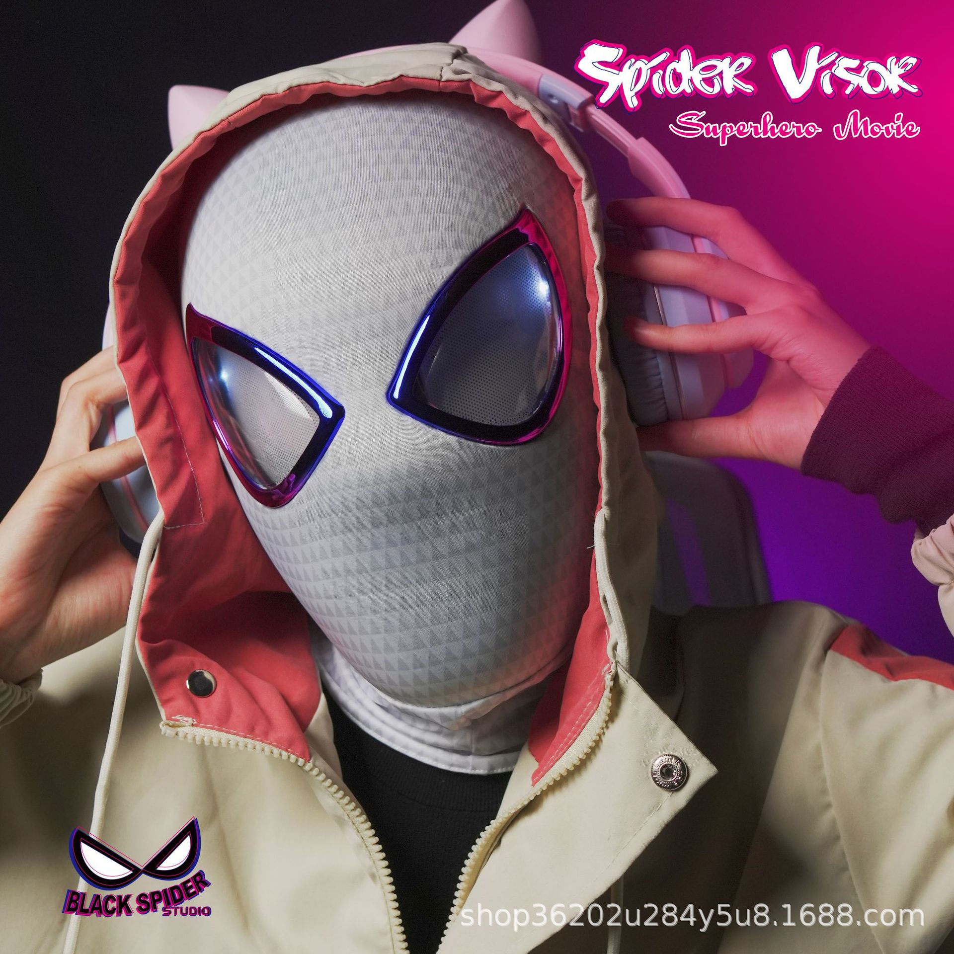 コスプレ クリスマス コスプレグウェンスパイダーマンヘッドカバー目の可動電動指輪リモコン瞬き発光宇宙マスク縦横