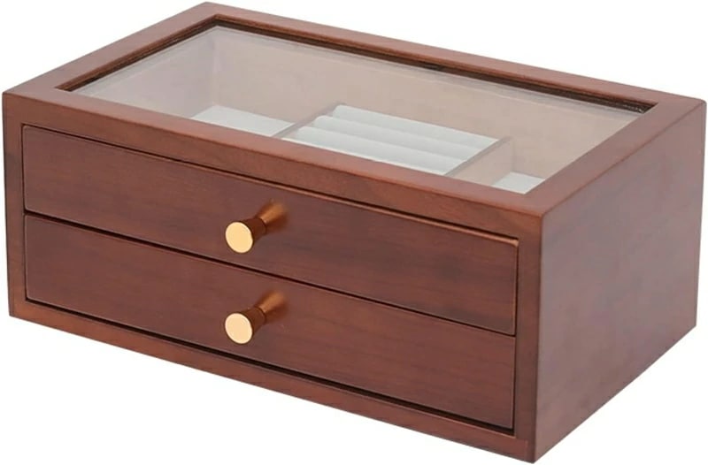 ジュエリーケース ジュエリーボックス 大容量 木製 引き出し 2段 ピアス ネックレス 指輪置き リング 宝石箱 小物入れ アクセサリー収納 防塵 プレゼント おしゃれ