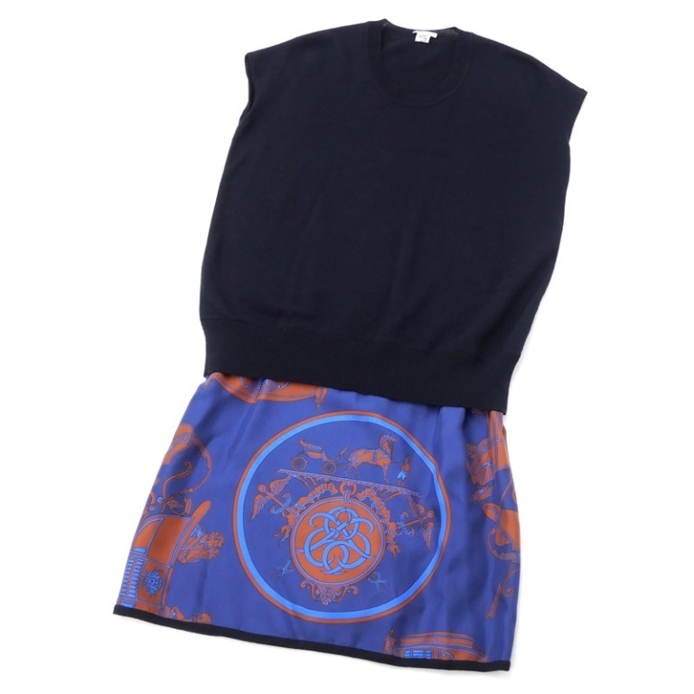 ｴﾙﾒｽ HERMES 切替ﾉｰｽﾘｰﾌﾞﾆｯﾄﾜﾝﾋﾟｰｽ 黒 ﾌﾞﾙｰ ｶｼﾐﾔ ｺｯﾄﾝ ｼﾙｸ(57161)