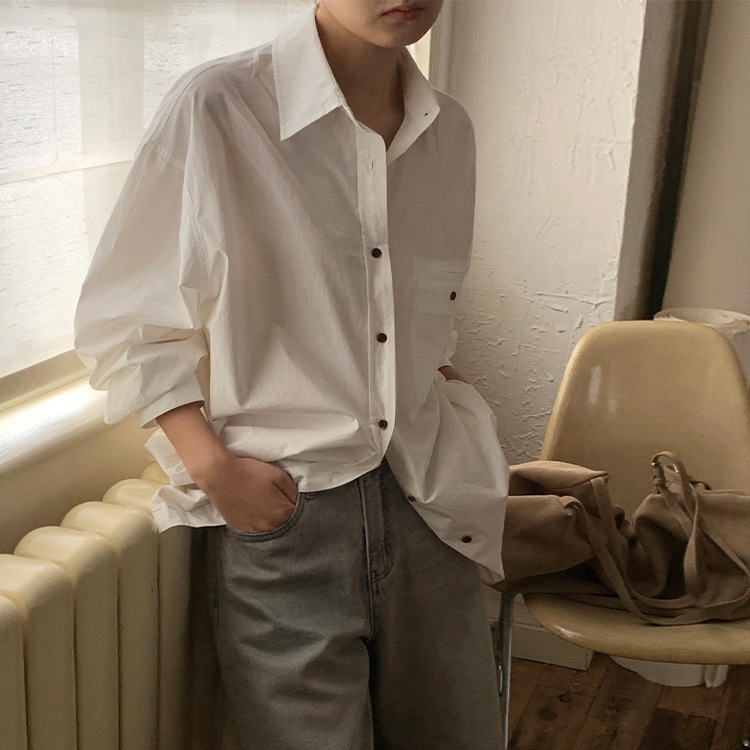 韓国版通勤ゆったり開襟シャツレディース24秋の新作ベーシック100着ミディアム丈トップス23341