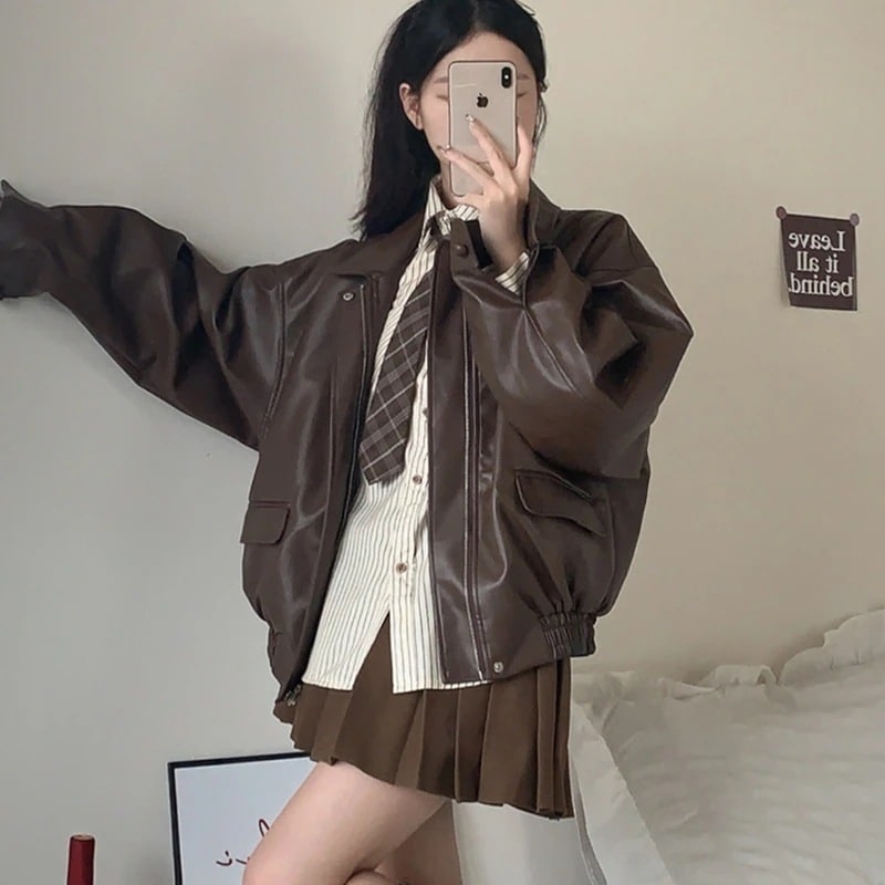 レザージャケットの女性の 24 との女性のトップススタイルのレトロなオートバイブラウンアメリカンレザージャケット小人向け990