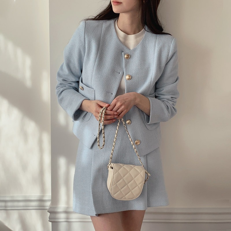 [tjk0438] 韓国ファッションセットアップツイードラウンドジャケット