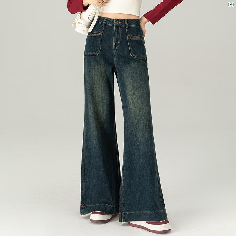 レディース　ファッション　オシャレ　シンプル ウォッシュド レトロ ワイド レッグ パンツ 春秋 ハイウエスト スリム ストレート フロア レングス