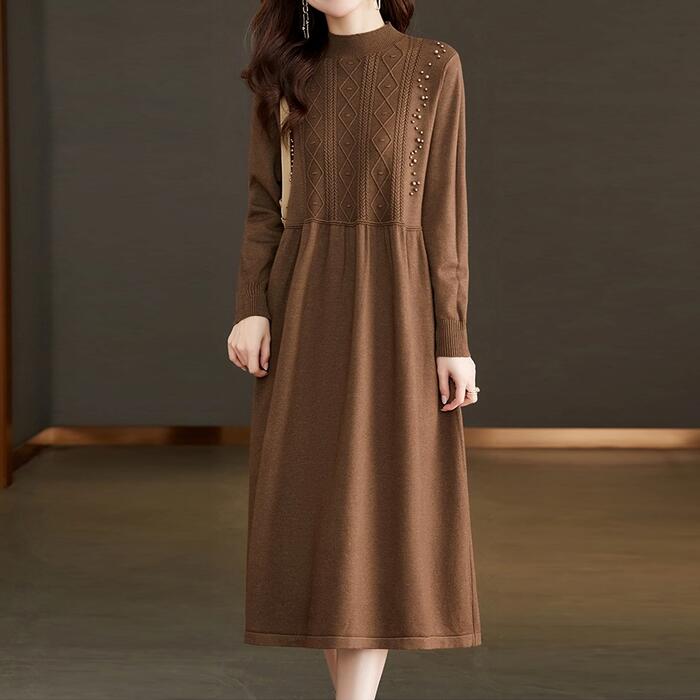 ワンピース ニット ワンピ ドレス ケーブル 袖あり 切り替え パール ビーズ レディース エレガント きれいめ カジュアル 大人 可愛い フェミニン 長袖 ひざ丈 シンプル Aライン レッド 赤 ブ