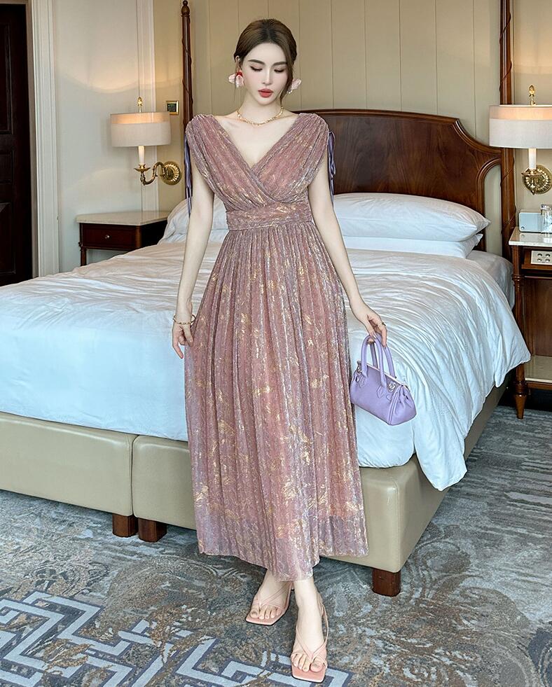 最終在庫夏 レディース ワンピース ロングワンピース 可愛い きれいめ マキシワンピース Vネック 袖なし韓国風 パーティードレス 通勤 オシャレ 着痩せ フォーマルワンピース 女性ワンピース OL
