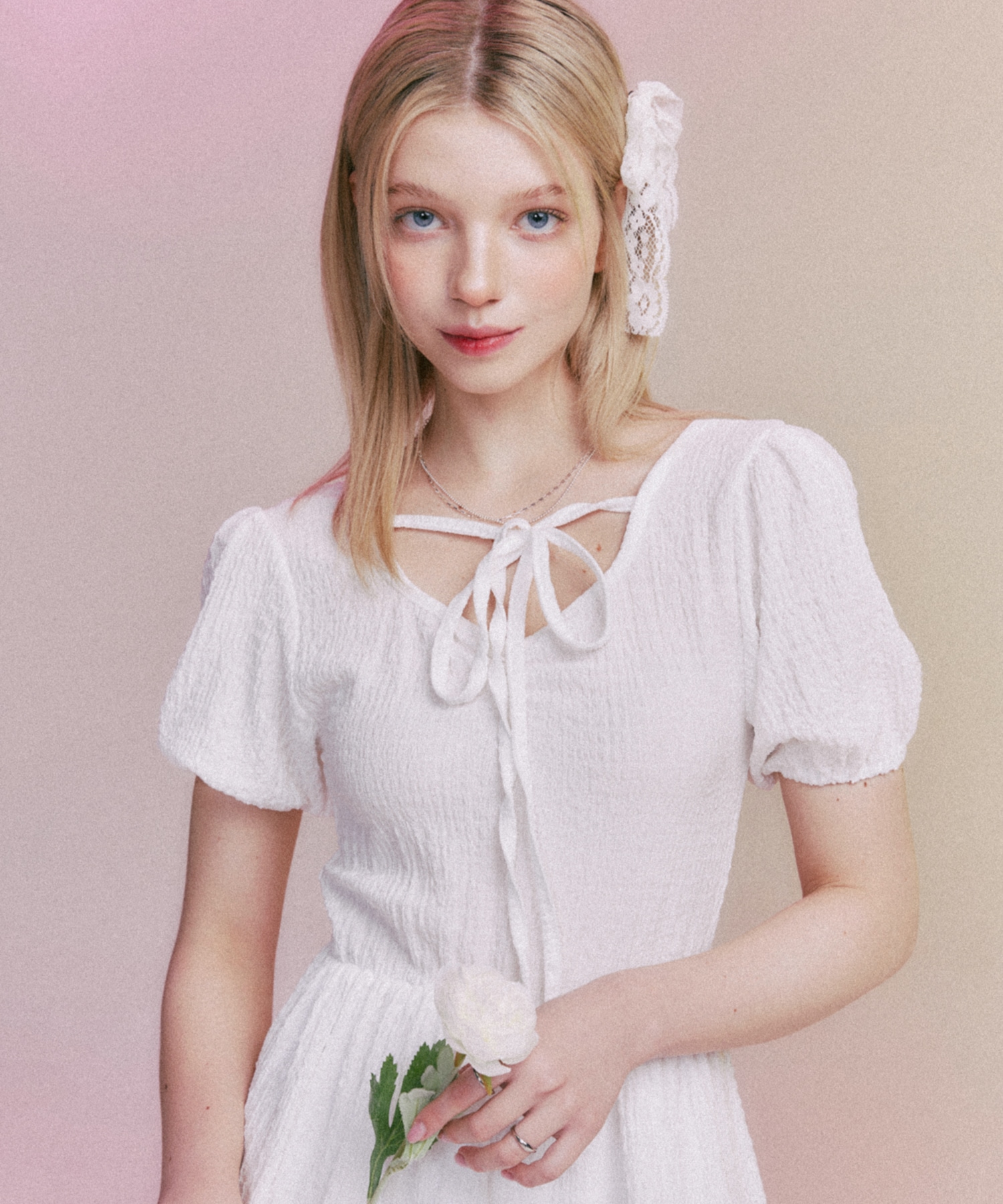 MF BLANC RIBBON PUFF DRESS-WHITE