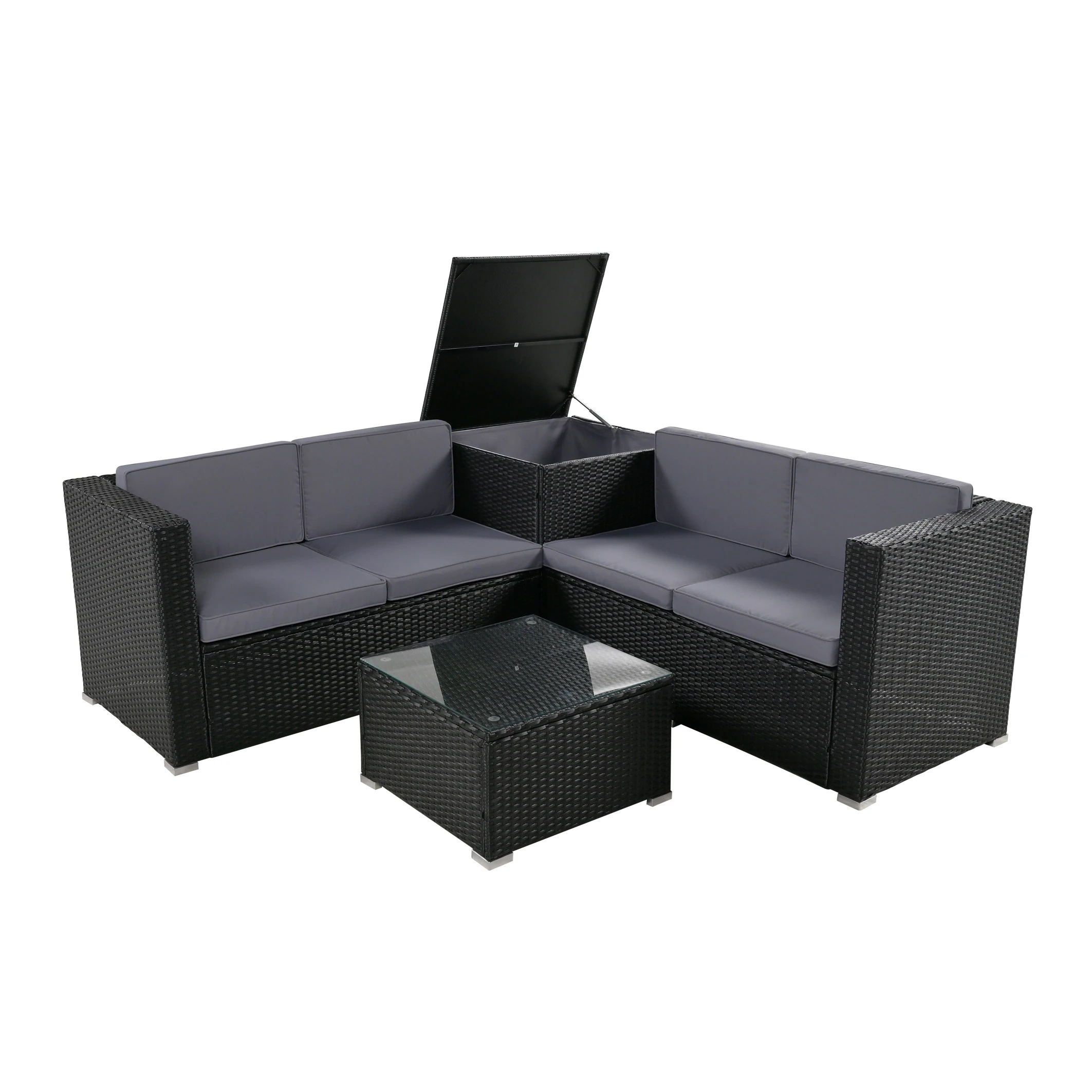 2057ガーデンファニチャー 4点 収納付き ガーデン クッション付き ラタン調 家具 アウトドア ソファーセット ホテル カフェ ベランダ 高級 おしゃれ【グレー】