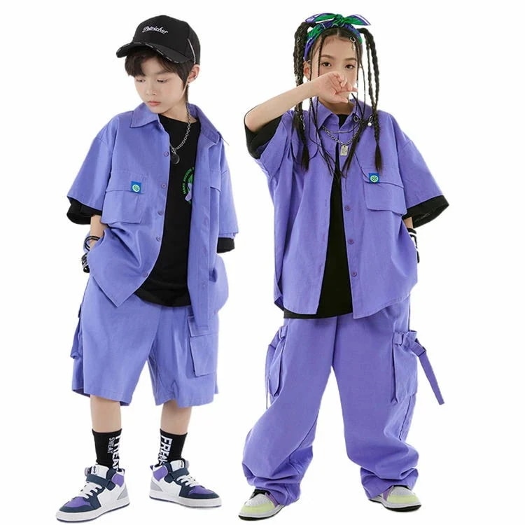 【本日限定】紫シャツ ダンス衣装 キッズ ヒップホップ 子供服 紫パンツ ハーフパンツ ロングパンツ カッコイイ 子供服 HIPHOP ガールズ ジャズ 女の子 男の子 DANCE ダンスウエア 12