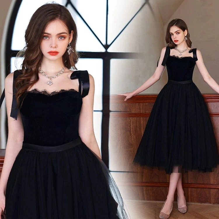 【2026 売れ中】商品パーティードレス 黒 ベロア ベルベット キャミドレス ブラック レース チュール オシャレ 可愛い イブニングドレス 結婚式ドレス 二次会ドレス ミディアム丈 ミモレ丈ドレス