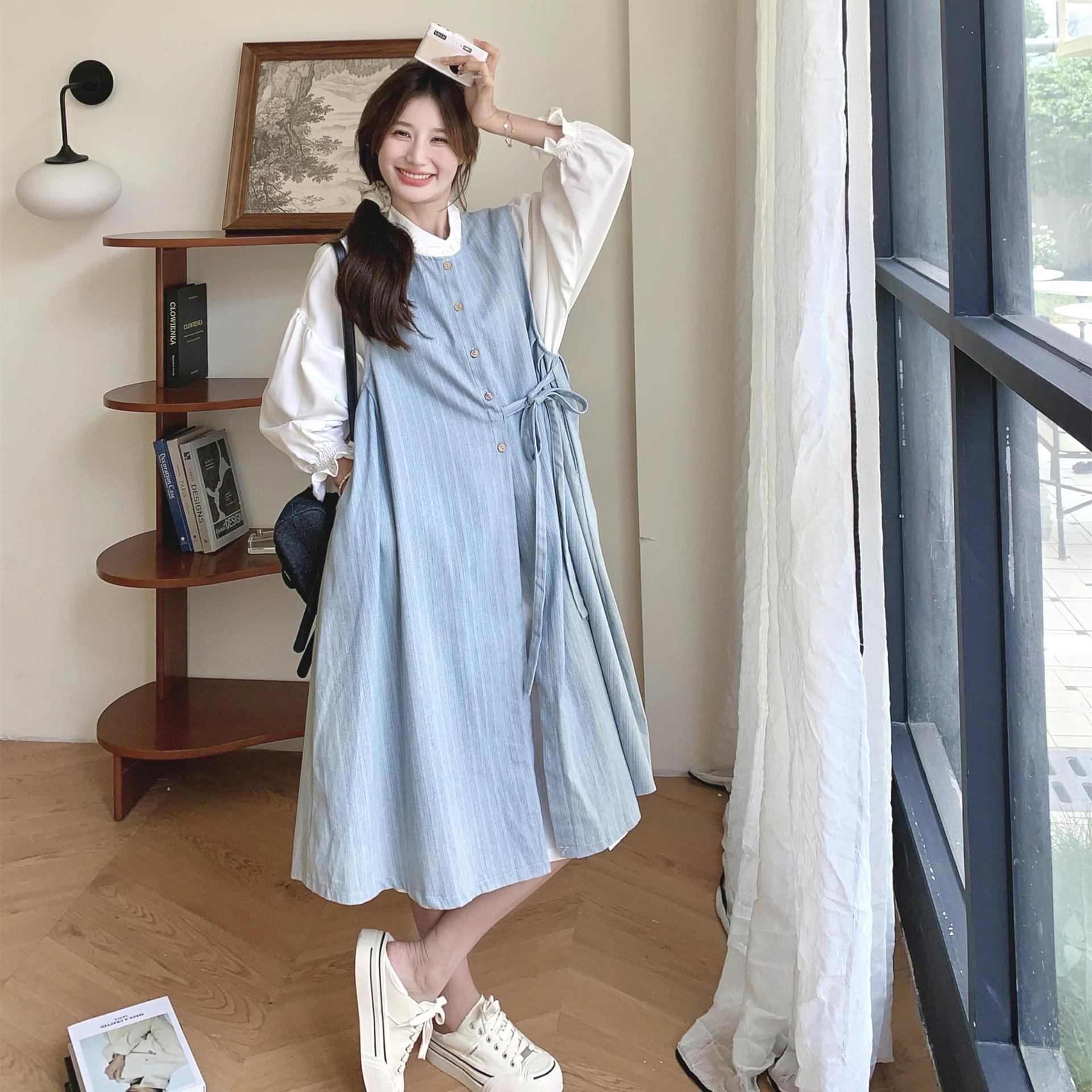 白シャツワンピースセットレディースミディアム丈2024秋新作超素敵なストライプベストスカート2点セット 5,807円