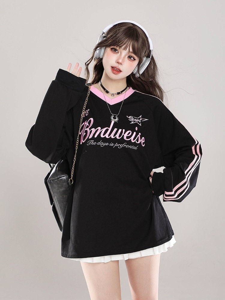 トップストレーナーかわいいK-POPTロング黑白レディース風ロゴ衣装ルーズゆったりカジュアルおしゃれサイズスリーブシルエットファッション系サイドシャツフット春 2024 トレンドVネックトップスバ