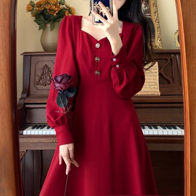 レディース ワンピース ワンピドレス ロング ひざ下 袖あり 長袖 フレア Aライン かわいい レトロ 大人可愛い シンプル 大人 上品 おしゃれ お洒落 大人女子 こなれ感 主役級