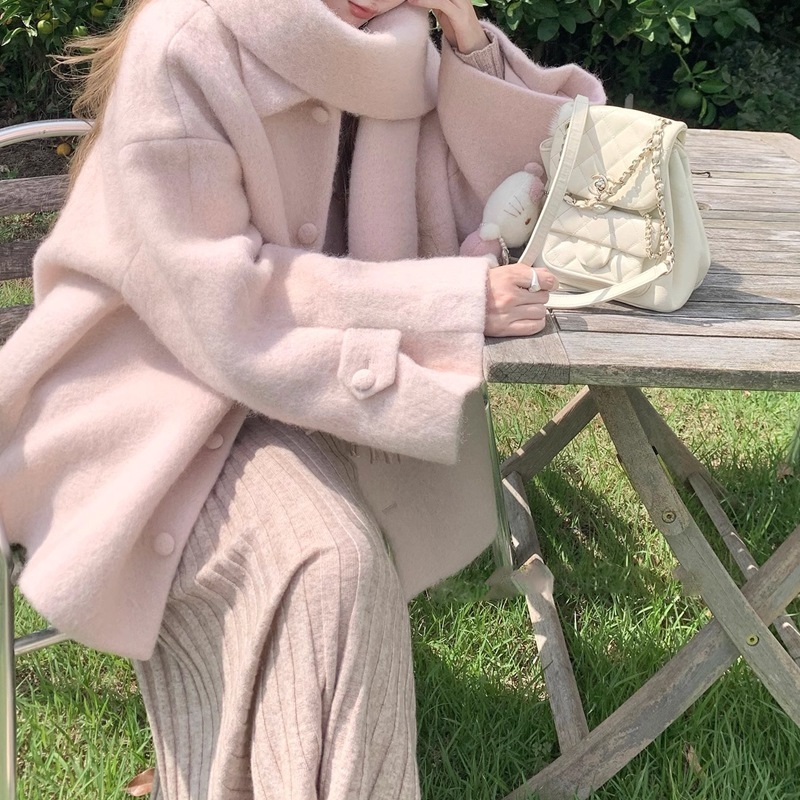 fwヘザーウェイ絵画展おとなしい女性のマフラーウール開襟ピンクコート優しいコート女性のデザイン感