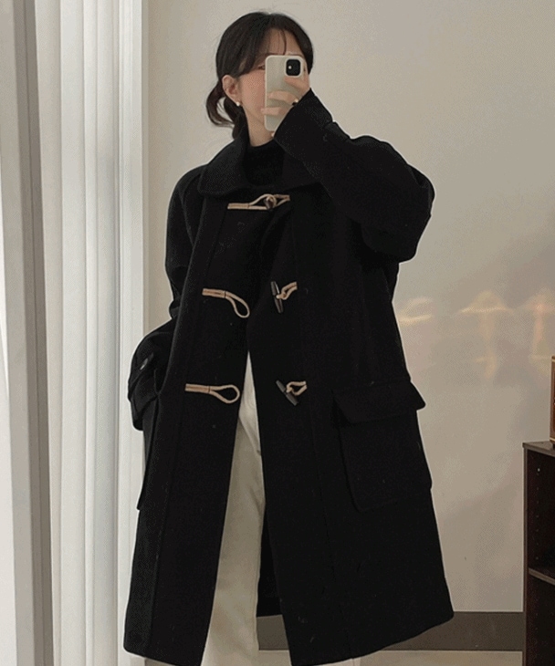 [最強の可愛さ/ボーイフレンドフィット！] ブラック ウール ダッフル トッポッキ ロングコート (1color) 7,106円