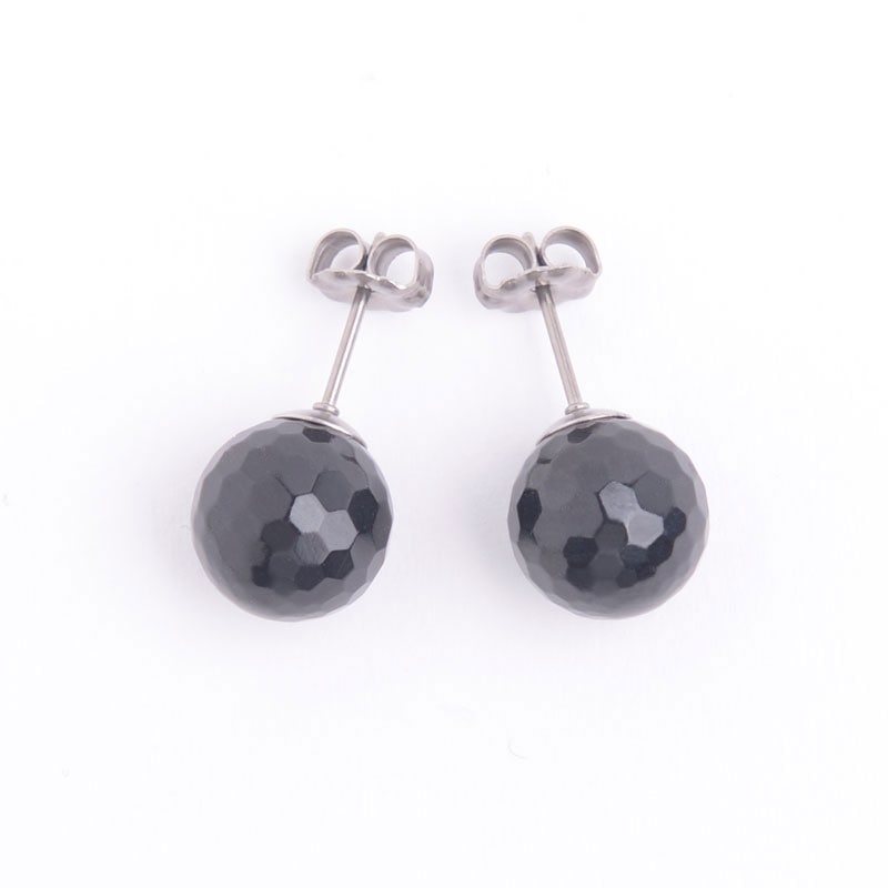 10mmジェットピアス 128面 チタンポスト ファセットカット 切子 日本製 イアリング 天然ジェット ブラックフォーマル
