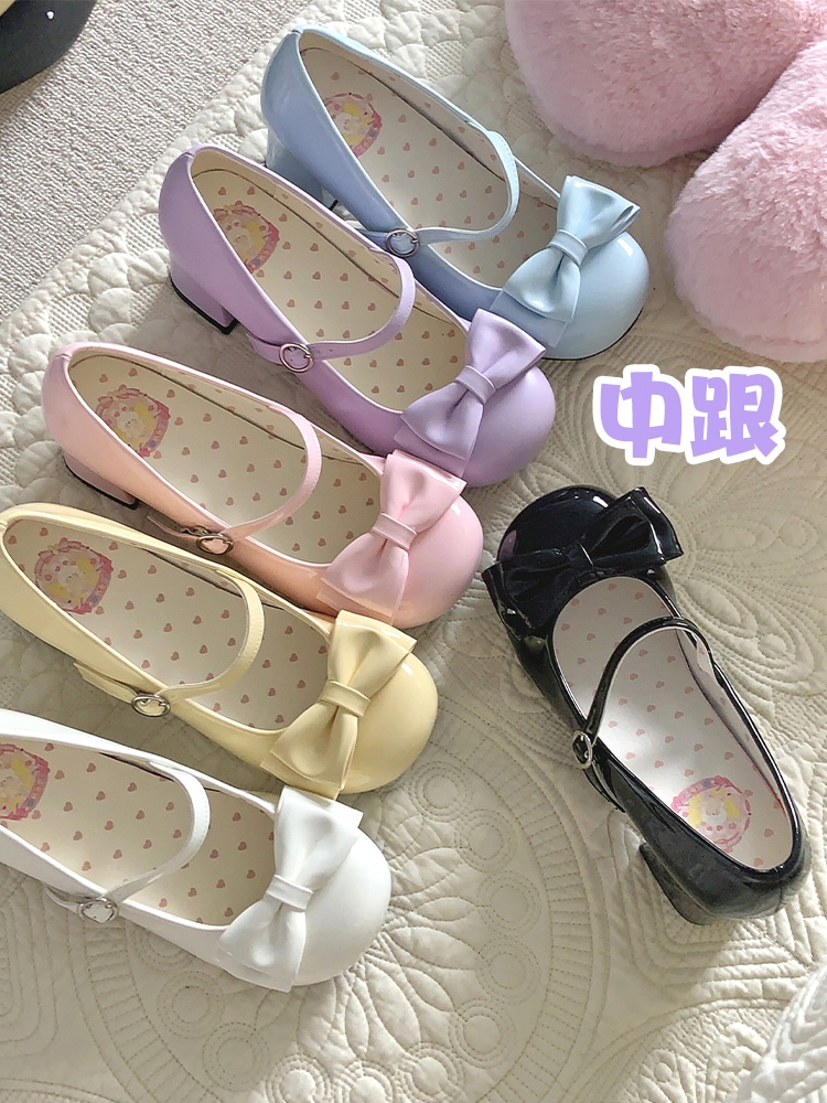 ミッドヒール甘い小さなロールロールロールチャーハンかわいいロリータガールラウンドヘッドボウシューズ