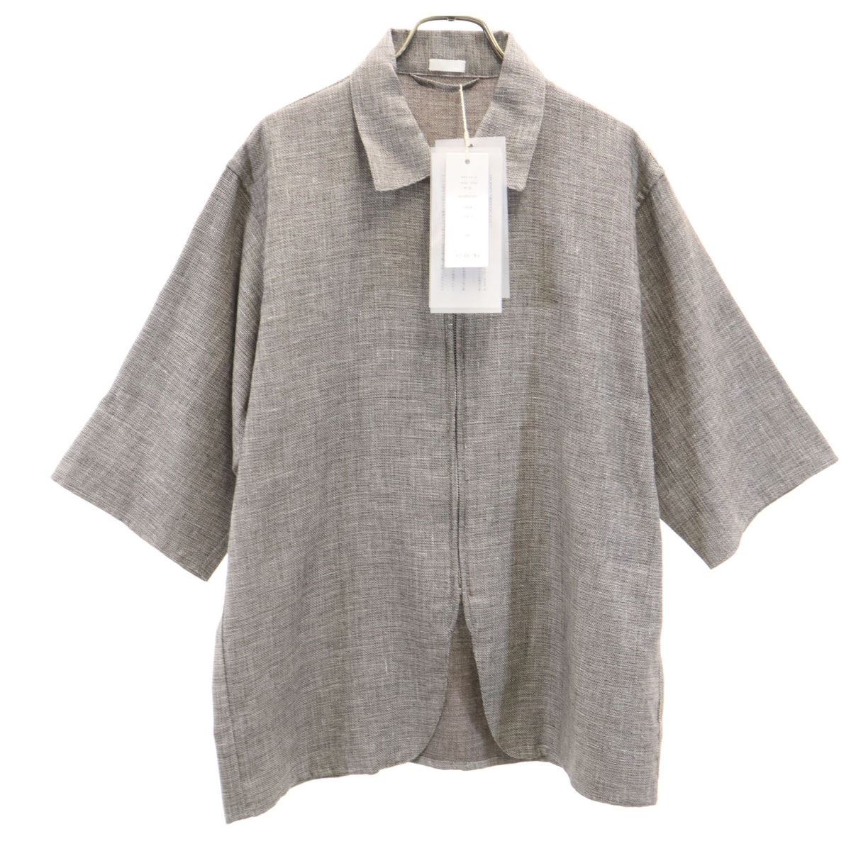 未使用 SEEALL シーオール 日本製 リネンブレンド 5分袖 ジップ シャツ 3 グレーブラウン メンズ 古着