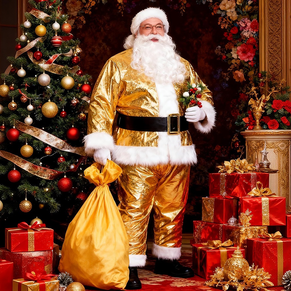 金色 クリスマス 祭り 発表会衣装 レーザー エナメル サンタクロース 衣装 男性 クリスマス セット