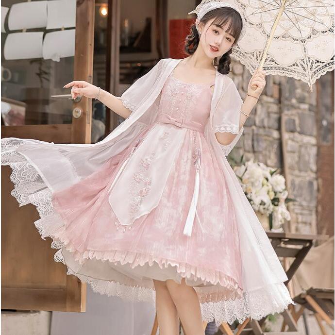 漢風 ロリータ ワンピース 刺繍 改良版漢服 膝丈 キャミソール ドレス ロング丈 羽織 シフォン カーディガン 漢元素 ロリータ服 可愛い ロリータドレス コスプレ30%までに制限
