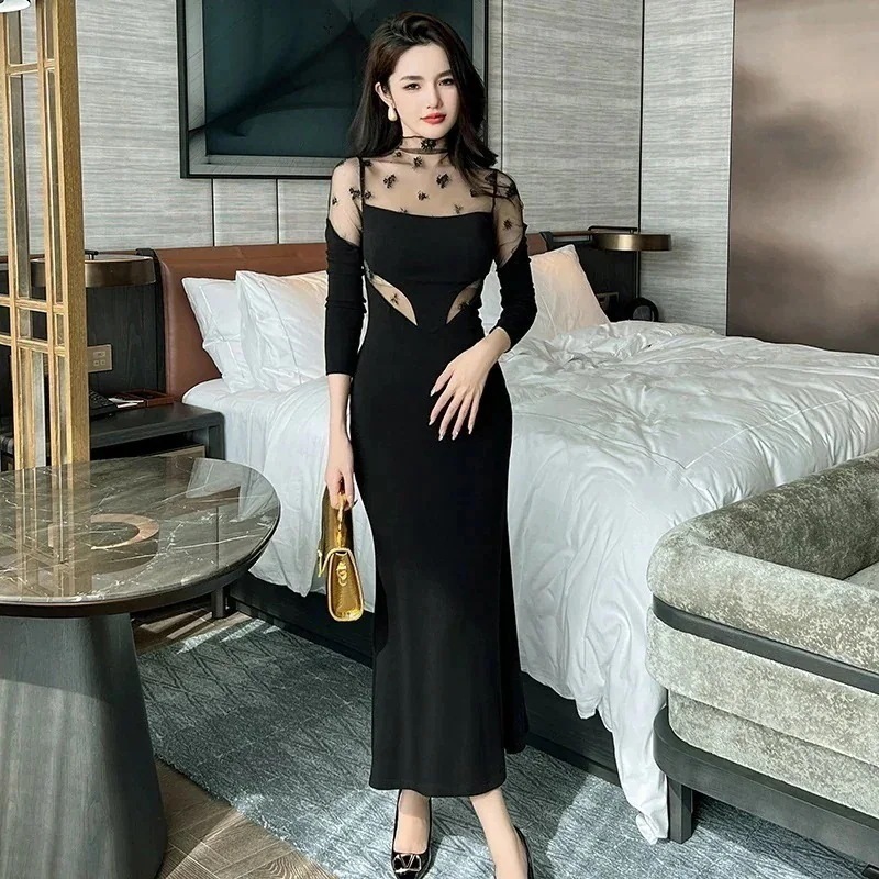 【JY.上品】 秋冬 チュール 透明 マーメイド ドッキング ワンピース パーティードレス キャバ 着痩せ 大人 同窓会 披露宴 卒業式 結婚式 演奏会 ウェディング 二次会 発表会30%までに制限