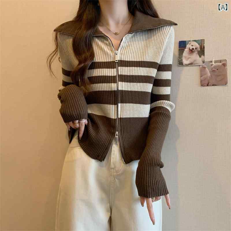 秋冬 少女 カラー ブロック ストライプ ラペル セーター ジャケット ショート ダブル ジッパー セーター カーディガン 大きサイズ 婦人 服