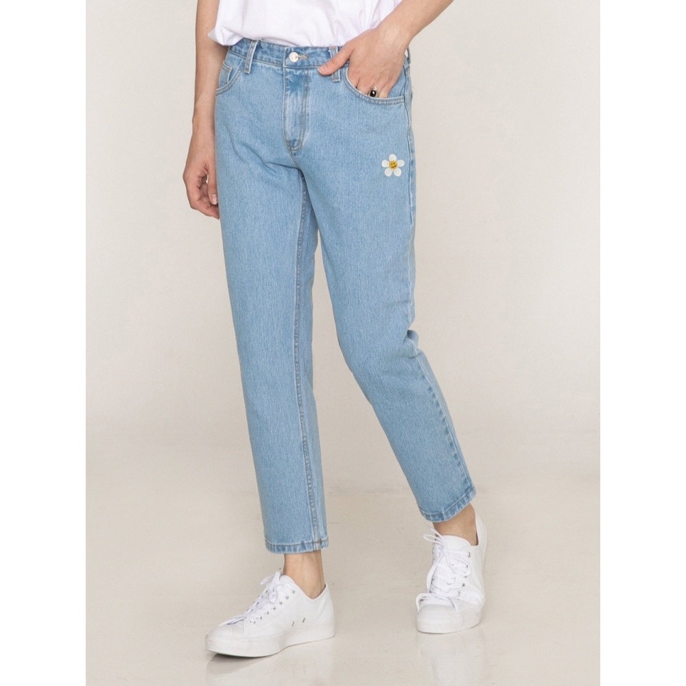 GRAVERアッパーフラワースマイルスリムテーパードデニムパンツスカイブルー