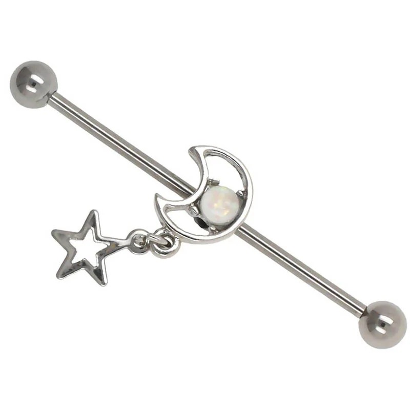 ボディピアス 14G ムンストーンスター インダストリアル 14ゲージ 星 三日月 揺れる チャーム ロング 長い ストレートバーベル 男性 女性 プレゼント 可愛い bb486xxxxxxxx