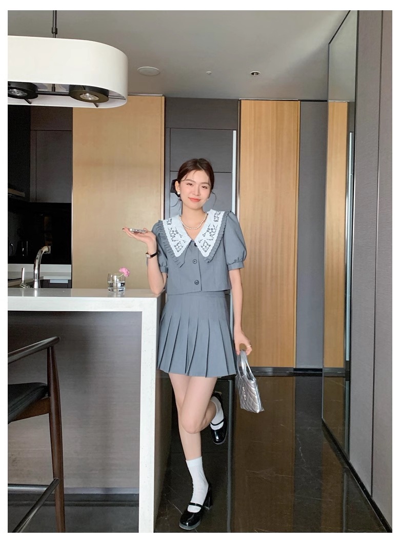 夏 韓国 カレッジ スタイル スプライシング ドール カラー トップ プリーツ スカート 2点セット 個性的 セットアップ ミニ ミニ丈 ショート丈 袖あり 半袖 ボリューム袖 Vネック 襟付き