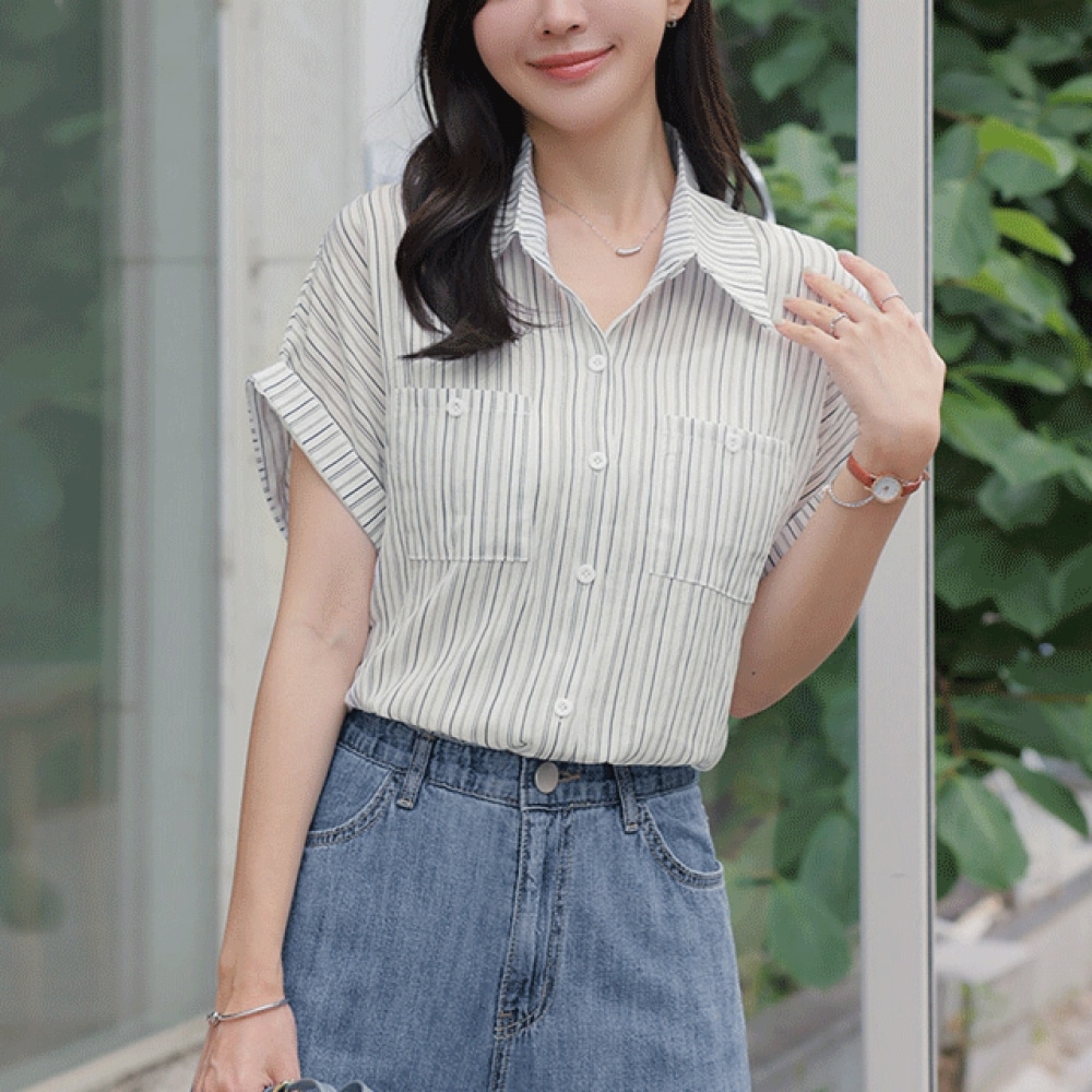 Click & Funny Comdin ロールアップストライプシャツ