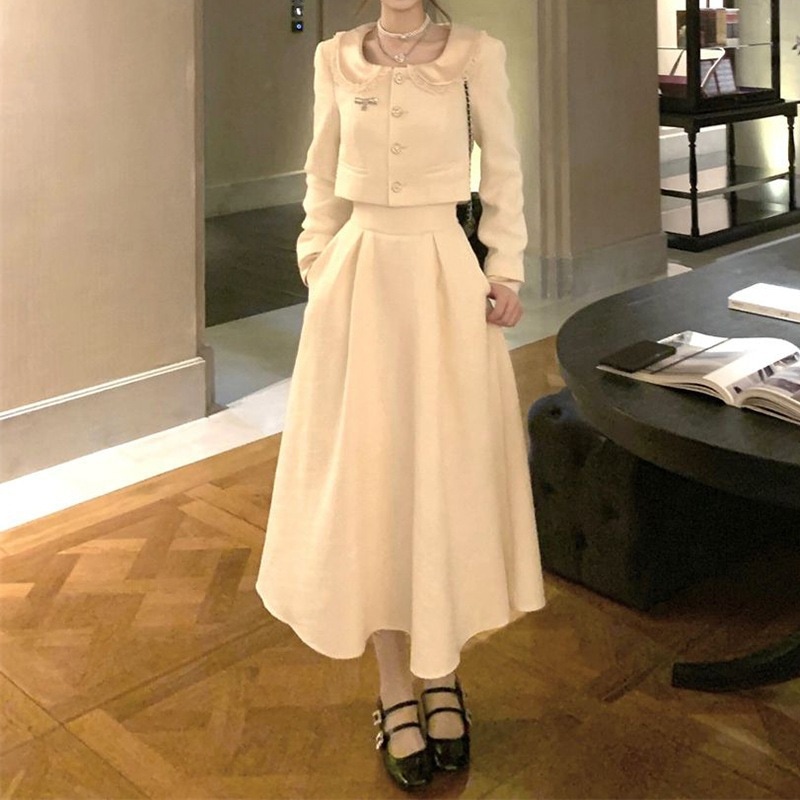 リッチな相続人スタイルのツーピースセット：レーストリムのショートジャケットとハイウエストのスリミングスカート