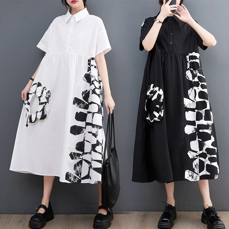 「ファットガール」 春夏 シャツワンピース ドッキング 柄ワンピ 体型カバー 大きいサイズ ゆったり レディース30%までに制限