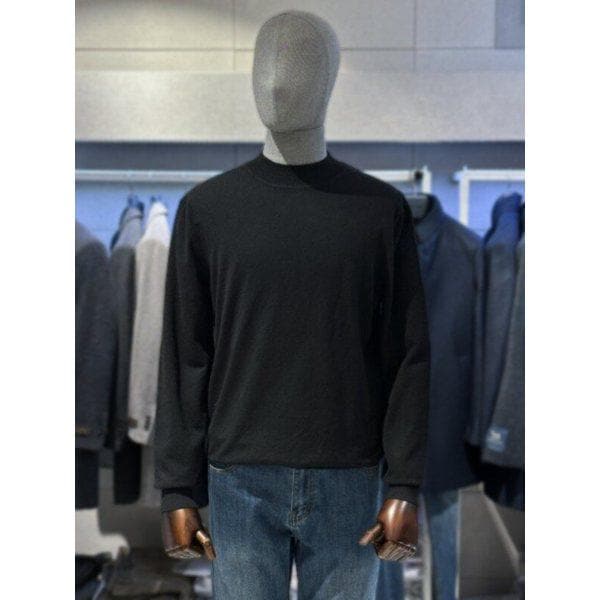 ブラックベーシックフィットハーフタートルネックメンズニットセーター