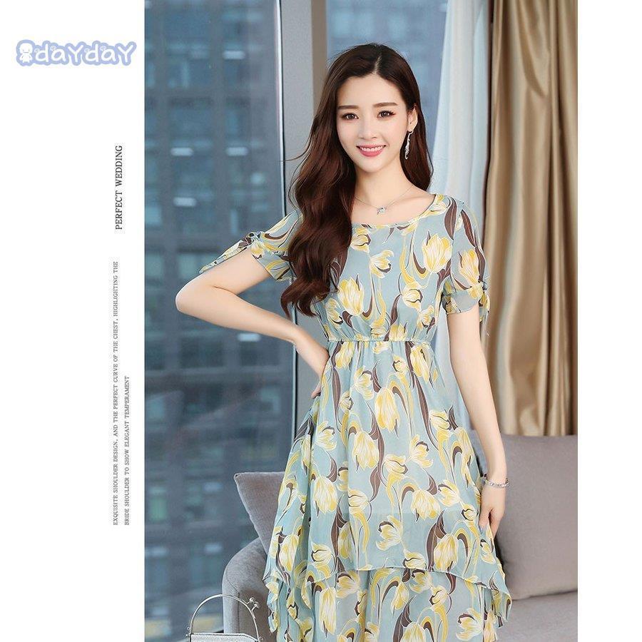 ワンピース レディース 夏 フレア ひざ丈 体型カバー 着痩せ ラウンドネック 半袖 フラワー花柄 無地 スウェット ビーチ 通勤