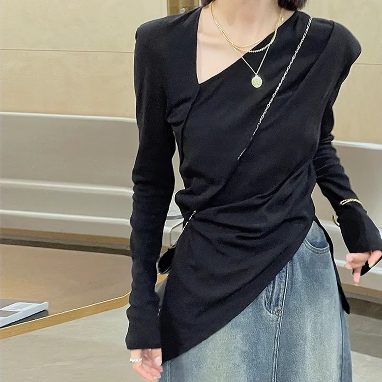 2color レディース シャツ トップス Tシャツ アシメネックシャツ カットソー Vネック