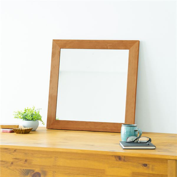 (2枚セット)幅広枠正方形ウォールミラー(50)(ハニーブラウン/茶) 天然木 姿見鏡 ワイド 高級感 木製 飛散防止加工 壁掛け 北欧風 ヴィンテージ 韓国イ...
