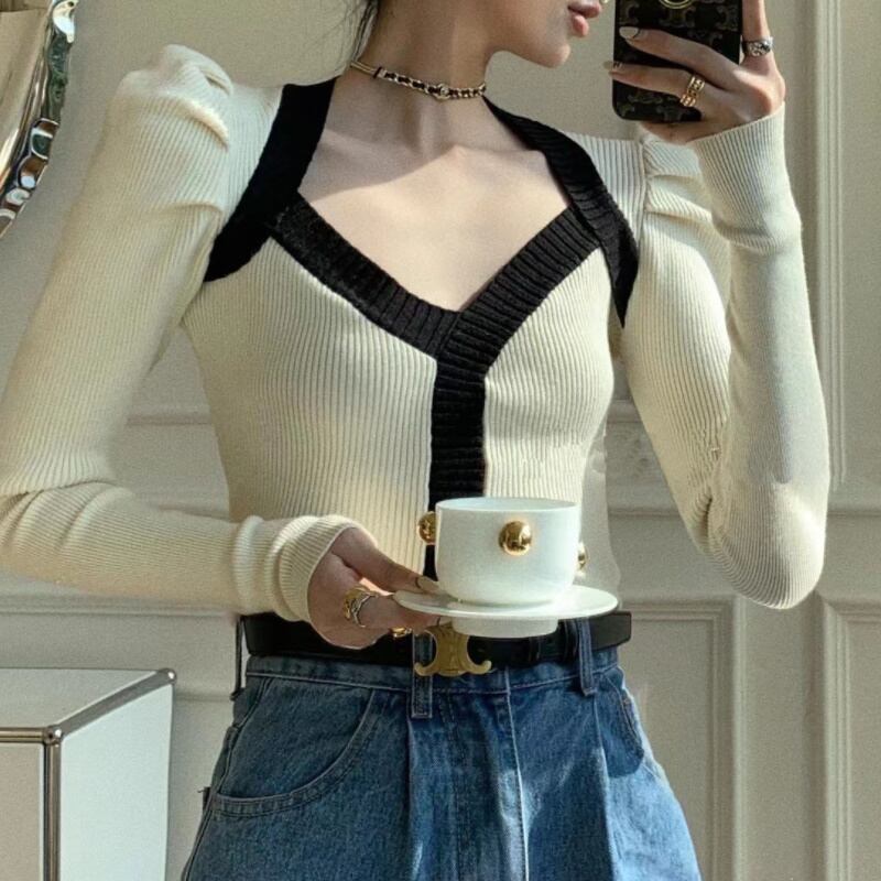 2color レディース トップス ニット バイカラー デコルテライン ホワイト ブラック