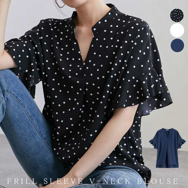 春夏ブラウス ドット柄 大人可愛い プリントデシンスキッパードットブラウス ブラウス ドット Vネック フリル袖 ドレープ フェミニン 重ね着 大人 デシン 夏 30代 40代 50代 レディース
