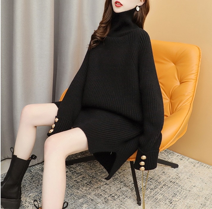 ハイネックワイドセーター ロング丈ニットセーター カジュアル冬トップス 大判ニットセーター トップス ワンピース ニットソー セーター プルオーバー ロング ロング丈 袖あり 長袖 ボリューム袖