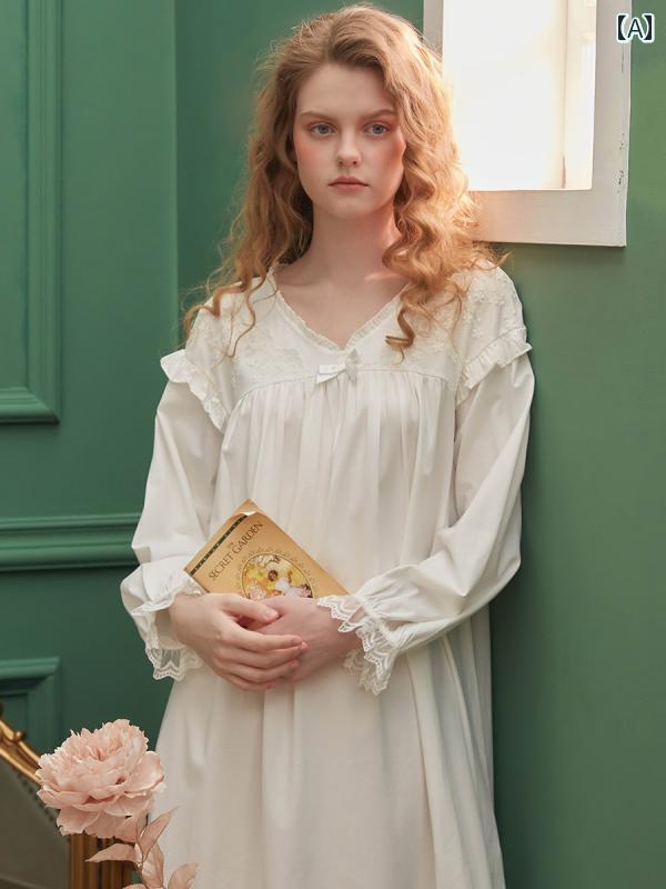 ネグリジェ パジャマ レディース 宮廷風 長袖 レース ワンピース ドレス 上品 シンプル フレンチ ルーム ナイト ホームウェア