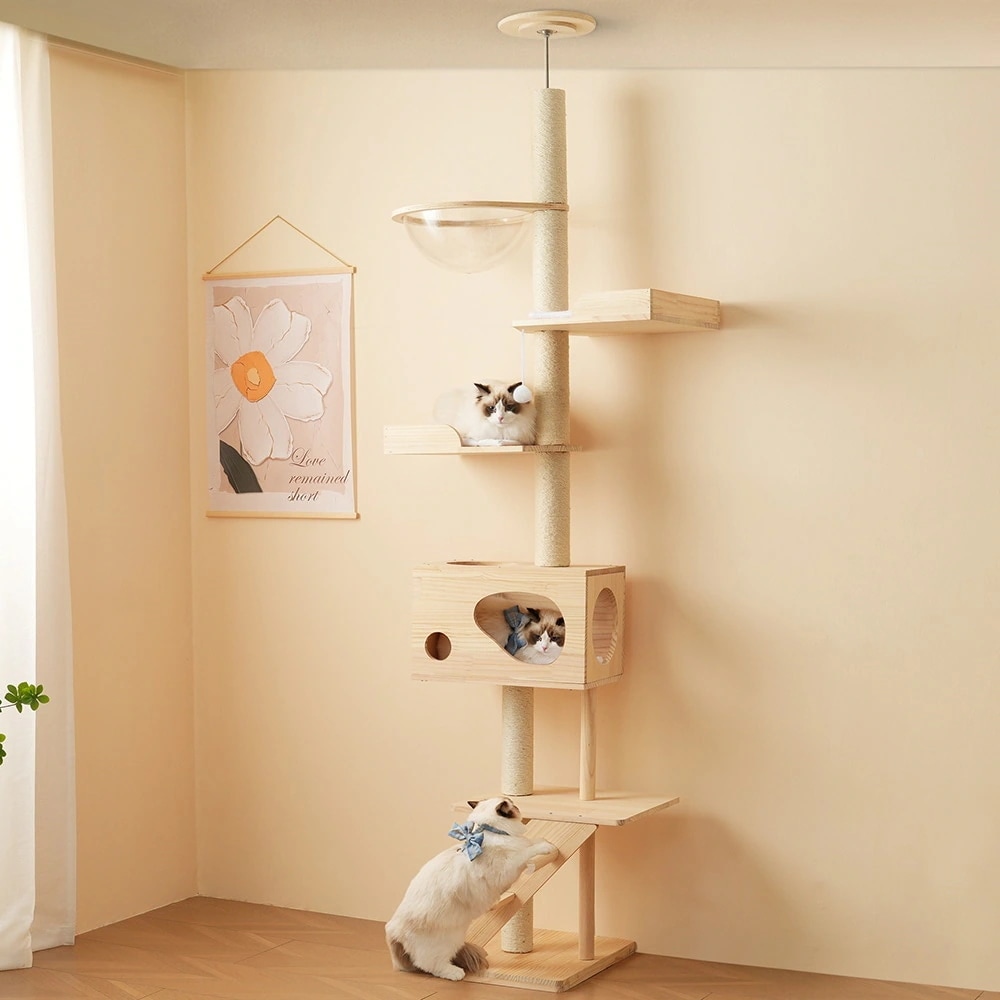 【国内即日発送】キャットタワー 猫タワー キャットツリー スリム 突っ張り 高さ260cm 木登りタワー ネコタワー 宇宙船付き 上り下りしやすい 爪とぎポール 木製 可愛い 子猫 大型猫 マット付き 14,800円