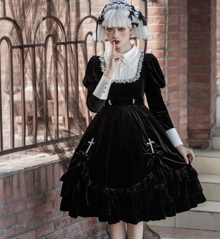 十字架ドレス 女子 ハロウィン コスプレ衣装 ミモレ丈ドレス 長袖 ベロア ロリータドレス ゴシック 修道女 教会 変身仮装 学園祭 文化祭 イベント ハロウィン パーティー コスプレ衣装