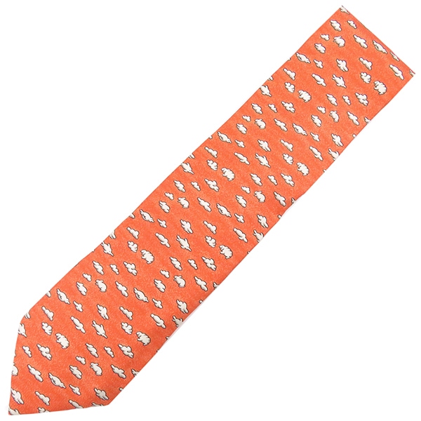 エルメス HERMES ネクタイ 雲柄 9cm シルク コーラル×ホワイト クラウド ピンク系 【中古】