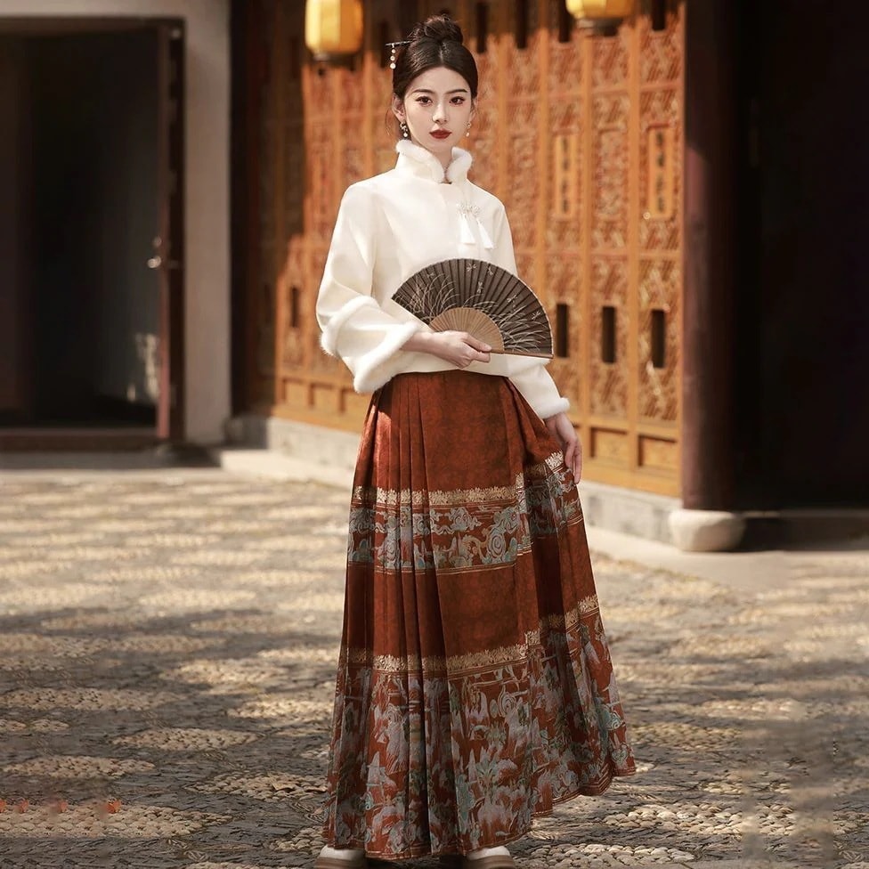 裏起毛ファッション 2024年新中国風ダウンプラス厚手スタンドカラートップススカート2枚セット