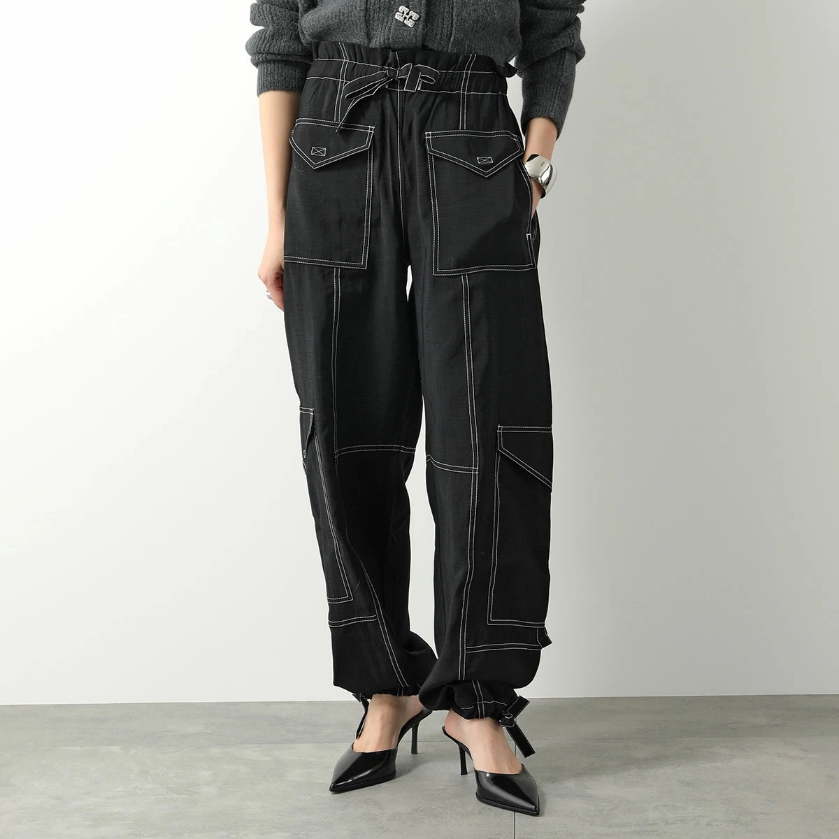 GANNI ガニー カーゴパンツ Light Slub High Waist Pocket Pants F8807 6564 レディース ステッチ ハイウエスト 099/Black 26,373円