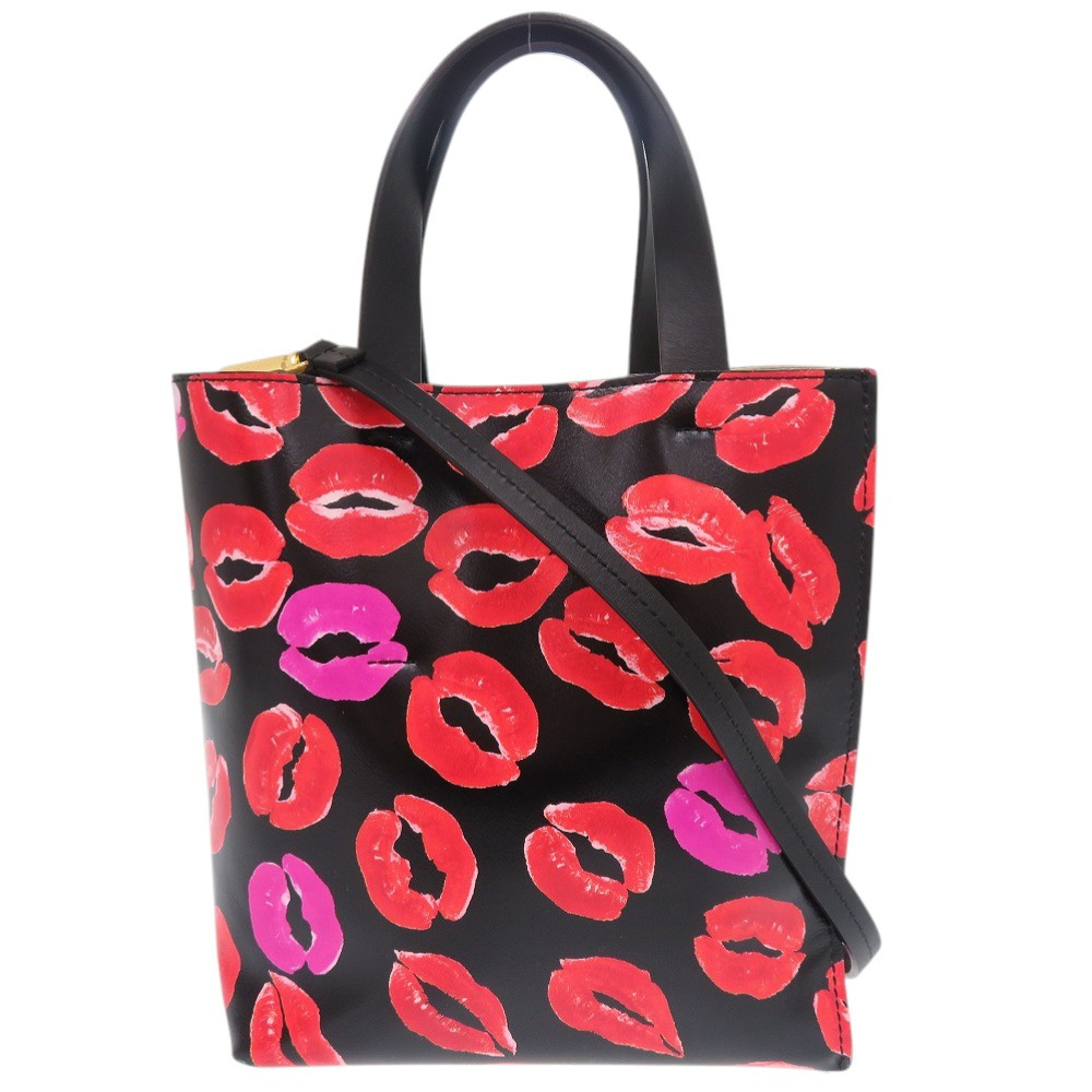 美品 2WAY ミュゼオ リップ柄 ハンドバッグ レザー ブラック 0389【中古】 レディース