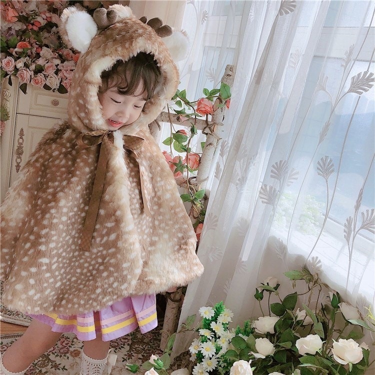 秋冬女の子スペイン製クリスマスマント鹿マント風子供用イミテーションファーとベルベットの暖かいお出かけ服
